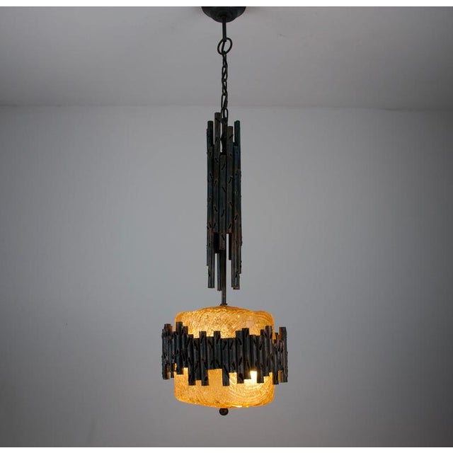 Brutalist Metal and Textured Amber Glass Pendant Lamp, Germany, 1970s For Sale - Image 6 of 12