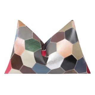 Multicolor Cowhide Leather Patchwork Pillow - Hexagonal Design For Sale