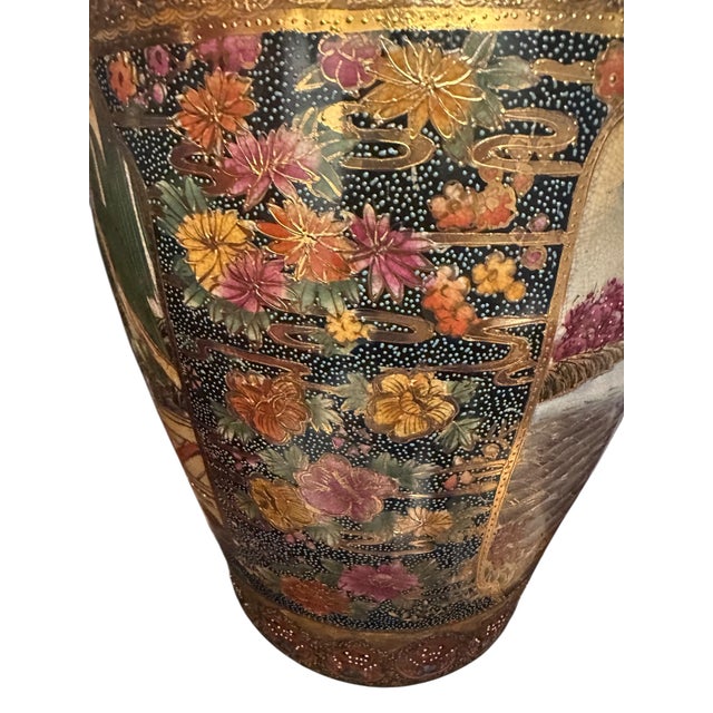 Gold Vintage Royal Satsuma-Style Hand-Painted Porcelain Floor Vase With Gilt Dragon Handles For Sale - Image 8 of 12