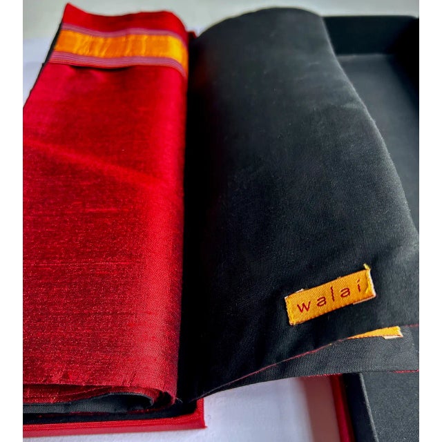 Late 20th C. Boxed Set of 4 Walai Crimson & Orange Stripe Silk Placemats & Napkins For Sale - Image 13 of 18