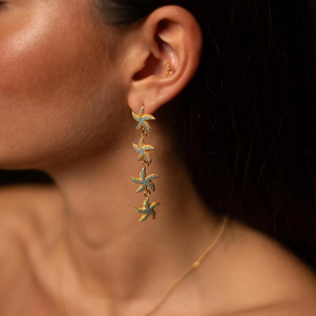 Turquoise Turquoise Starfish Cascade Gold Dangle Earrings, A Pair For Sale - Image 8 of 9