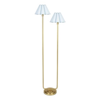 Polly Double Arm FloorLamp, Natural Brass with Mist Blue Scalloped Shade For Sale