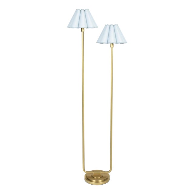 Polly Double Arm FloorLamp, Natural Brass with Mist Blue Scalloped Shade For Sale