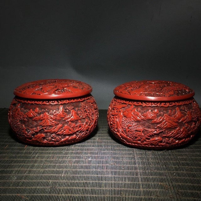 Pair of Vintage Cinnabar Carved Lacquer Landscape Jars For Sale In Los Angeles - Image 6 of 6