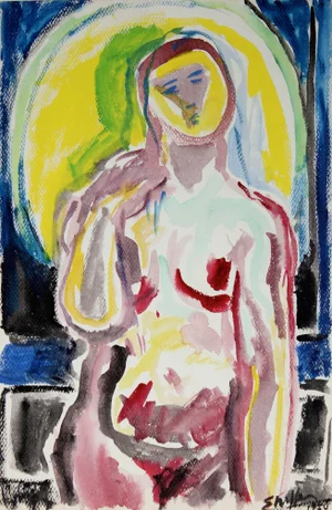 Martin Snipper Colorful "Nude Backlit by Moon" Watercolor Portrait Painting, 1950