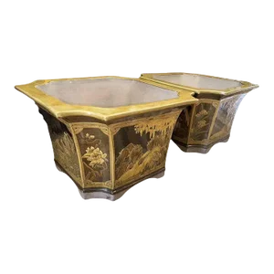 Pair of Large Glazed Ceramic Planters With Asian Scene