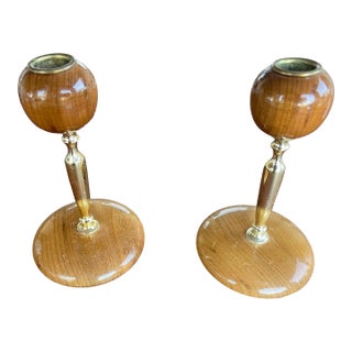 Mid Century Pair of Oregon Myrtle Wood Candle Holders For Sale