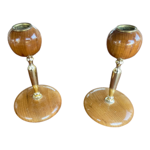 Mid Century Pair of Oregon Myrtle Wood Candle Holders