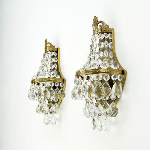 Traditional French Empire Style Brass & Crystal Wall Sconces, 1930s, Set of 2 For Sale - Image 3 of 7