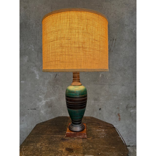 Vintage Mid Century Ceramic Table Lamp Teal Green Banded Burlap Shade For Sale - Image 9 of 10
