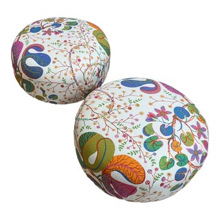 Pair of Ottomans in Josef Frank Teheran Linen Fabric by Svenskt Tenn, Stools, Modern Stools For Sale