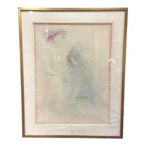 Vintage Framed Woman and Young Girl Lithograph Signed Leonor Fini