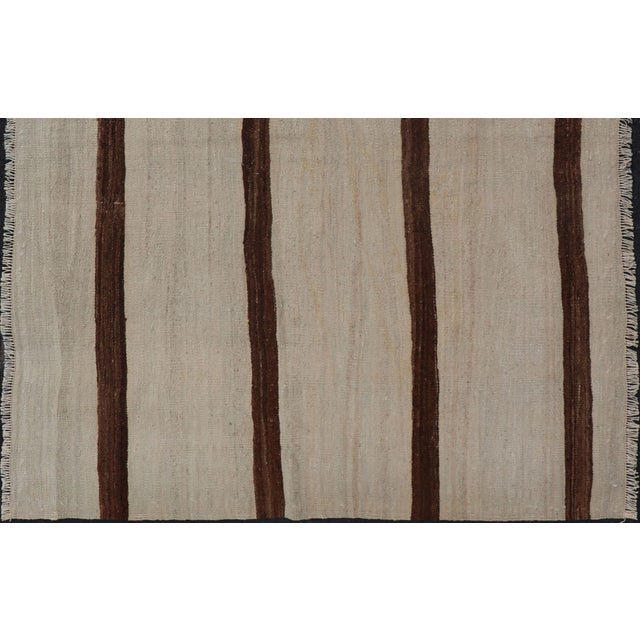 Textile Turkish Vintage Kilim Rug Ivory Beige With Brown Stripes Wool Flatweave For Sale - Image 7 of 10