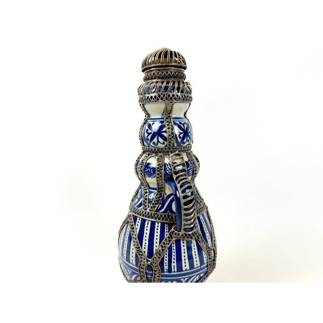 Mid-Century Moroccan Hand Painted Cobalt Ceramic Decanter with Wire Filigree Detailing, 1950s For Sale - Image 6 of 14