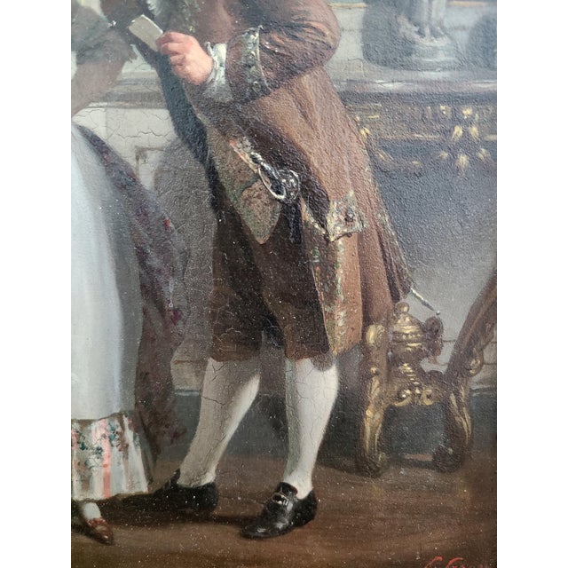 Prudent-Louis Leray Antique 19th Century French Oil Painting Interior Courting Scene For Sale - Image 9 of 17