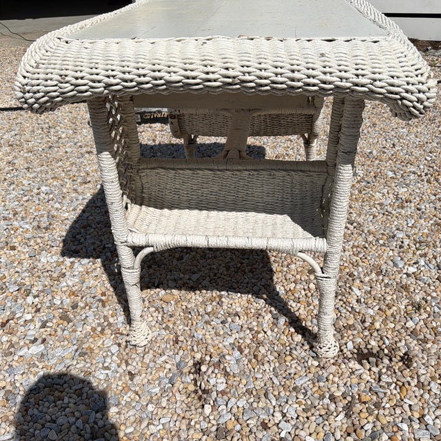 Mid 20th Century White Wicker Table Desk With Drawer Shabby Chic For Sale - Image 5 of 11