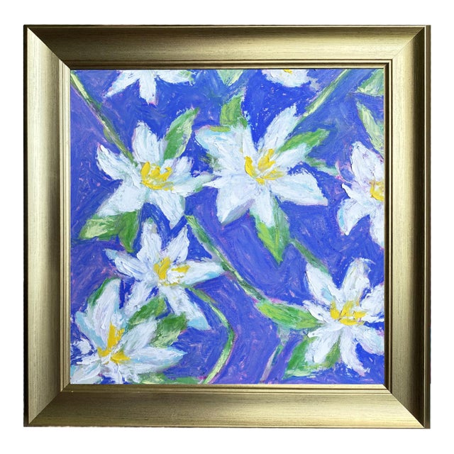 Original Framed Daisy Garden Painting, White Blue Green Floral Wall Art, Oil on Canvas in Gold Frame, 14x14 Maximalist Boho Home Decor For Sale