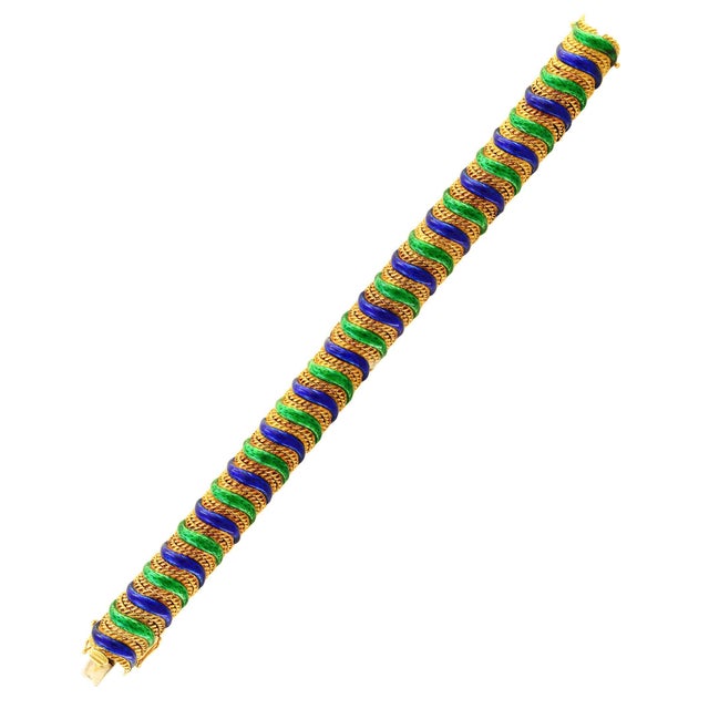 18 Karat Yellow Gold 95 Grams and Green and Blue Enamel Bangle or Bracelet For Sale - Image 18 of 18