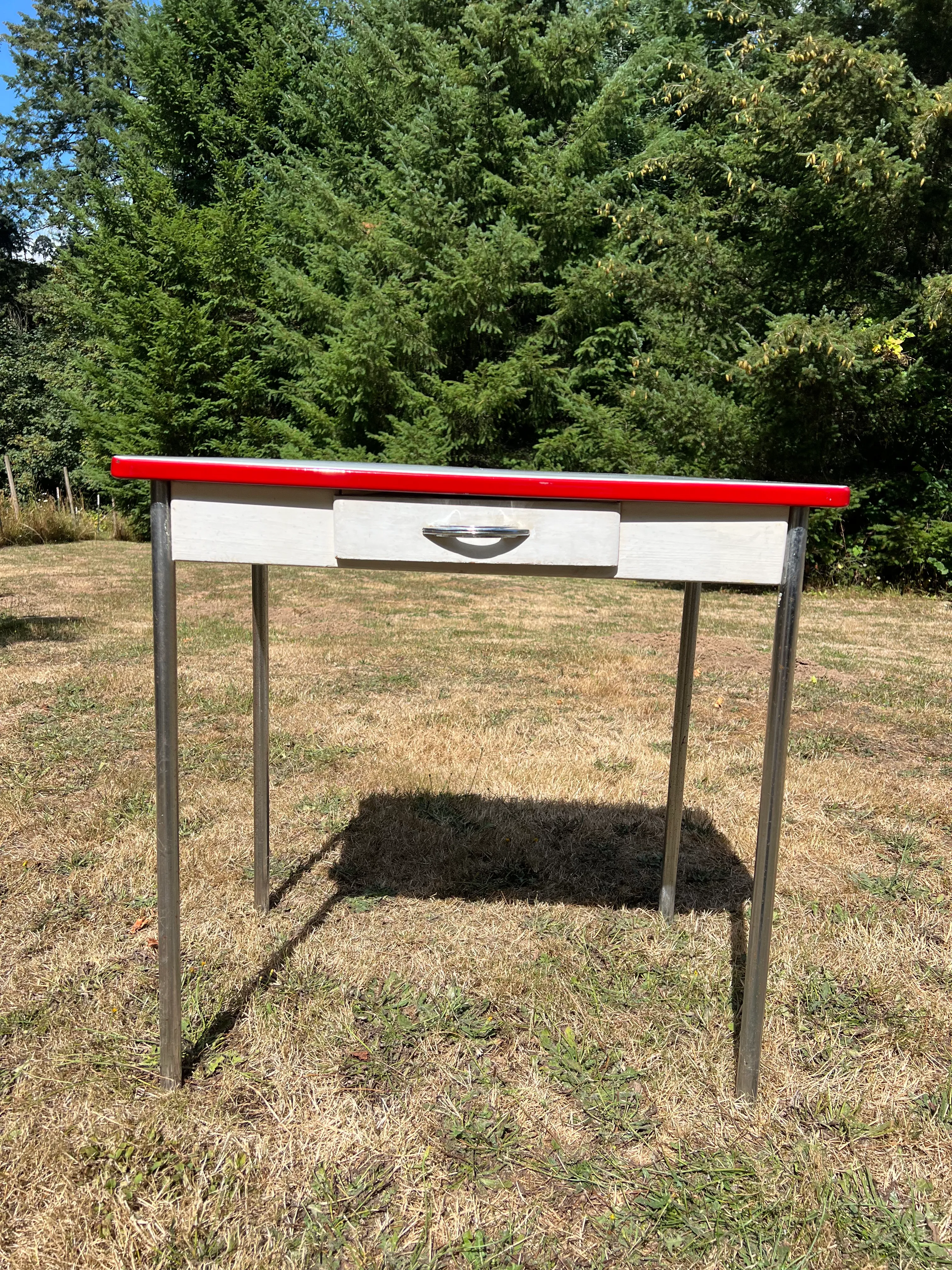 Charming Farmhouse Style White Enamel Top Table | Chairish