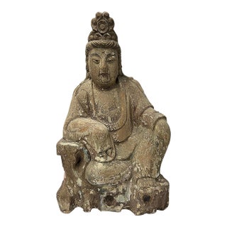 Vintage Rustic Wood Finish Sitting Bodhisattva Buddha Statue For Sale