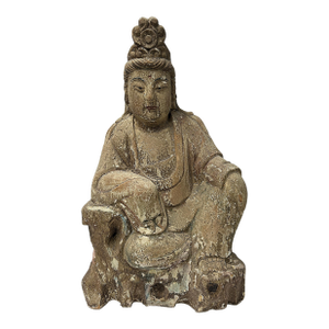 Vintage Rustic Wood Finish Sitting Bodhisattva Buddha Statue