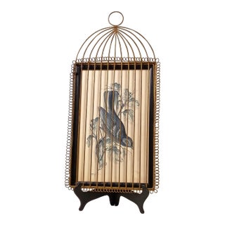 1950s Chinoiserie Caged Blue Bird Original Watercolor Painting by William Edwin Fager Gilt Metal Birdcage Frame For Sale