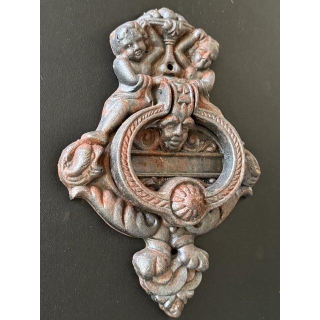 Mid 20th Century Vintage Cast Iron Door Knocker Ft. Cherub Motif 6.5" X 9" Heavy-Duty For Sale - Image 5 of 9