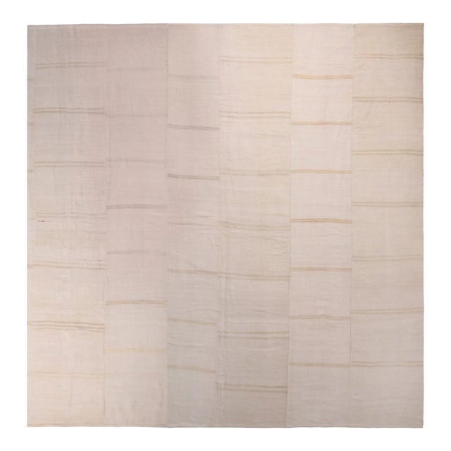 Vintage Geometric Striped Beige and Off-White Wool Kilim Rug For Sale