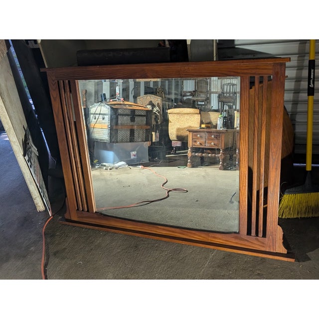 Vintage Large Solid Wood Wall Mirror With Vertical Slat For Sale - Image 4 of 4