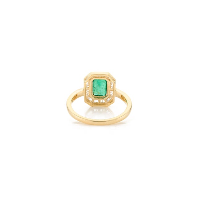 Metal Octagon Cut Emerald & Baguette Halo Set Diamond Statement Ring Size 5.5 For Sale - Image 7 of 12