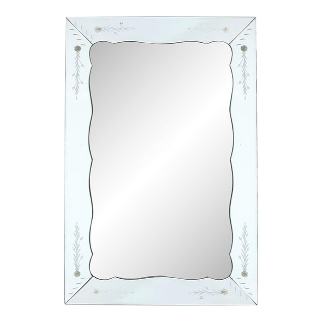 Mid-Century Reverse Etched Mirror W/ Scalloped Inner Border & Florets For Sale