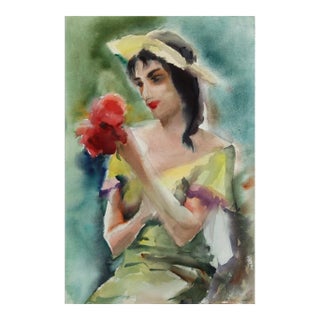 1960s "Girl with Bouquet 54" Watercolor Painting by Eve Nethercott For Sale