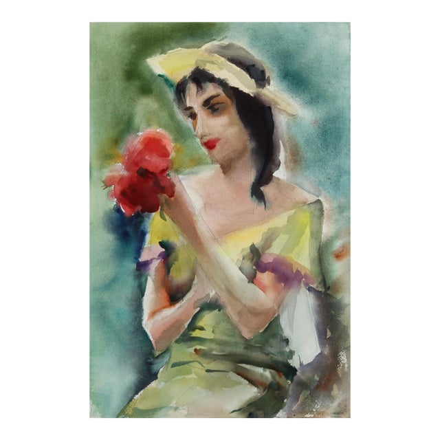 1960s "Girl with Bouquet 54" Watercolor Painting by Eve Nethercott For Sale