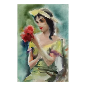 1960s "Girl with Bouquet 54" Watercolor Painting by Eve Nethercott