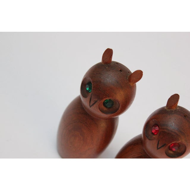 Brown Mid-Century Modern Teak Owl Salt and Pepper Shakers With Jeweled Eyes For Sale - Image 8 of 10