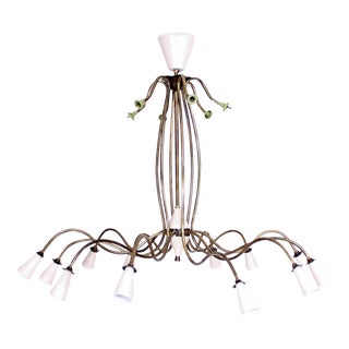 1940s Splendor Italian Twelve Arm Golden Brass Chandelier in White & Pistachio For Sale