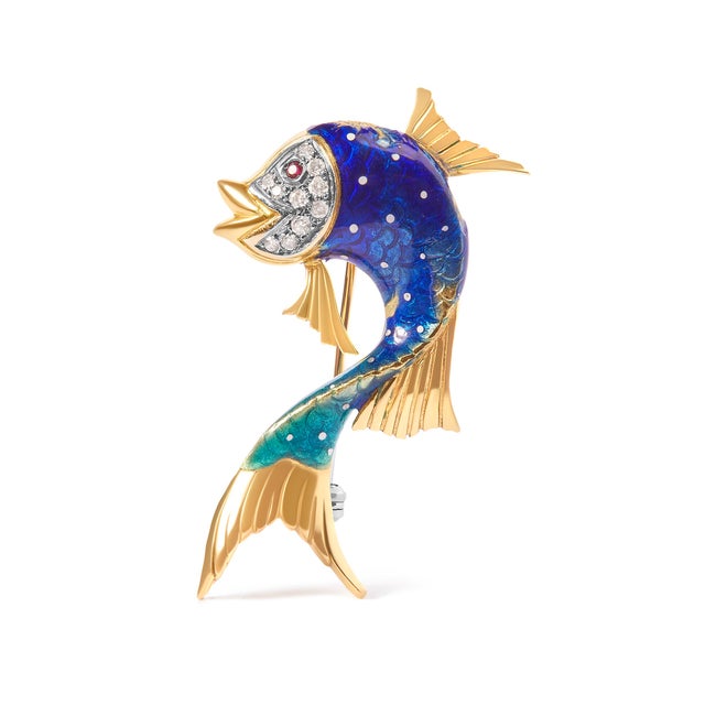 Hause of Brilliance 18K Yellow Gold and Blue Enamel Diamond and Pink Sapphire Fish Brooch Pin (H-I C For Sale