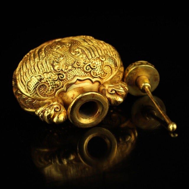 Early 20th Century Gilt Copper Double-Phoenix Snuff Bottle, Engraved, 2.6" Tall For Sale - Image 4 of 9