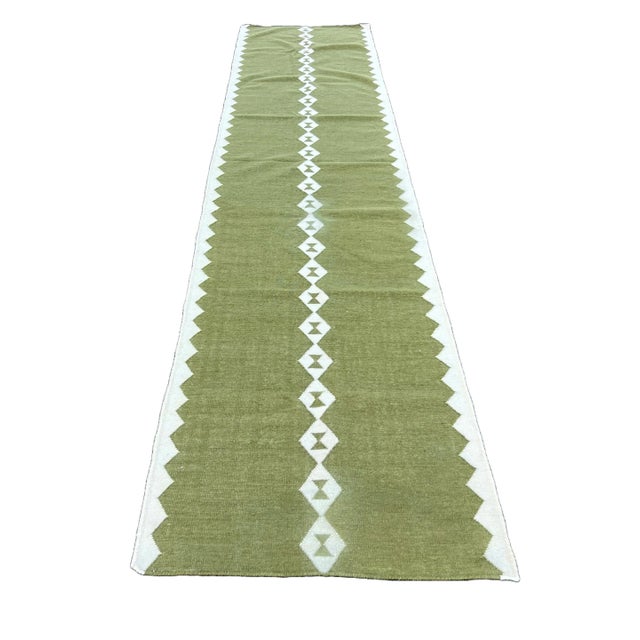 Handmade New Zealand Wool Dhurrie Runner, Olive Green and Cream Geometric Runner Rug- 3'x16' For Sale - Image 9 of 13