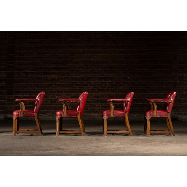 Late 20th Century Set of Four Tufted Leather Bankers Chairs in Red For Sale In Chicago - Image 6 of 17