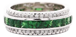 3.2 Carat Tsavorite & Diamond Channel 18k White Gold Band Ring, Size 8.25