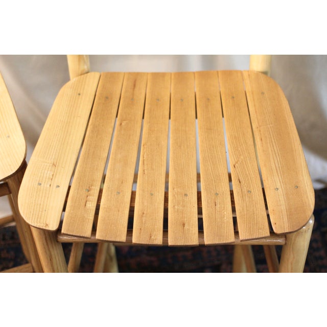 Tan Pair of Vintage Blonde Pine Stools With Wood Slat Seats For Sale - Image 8 of 12