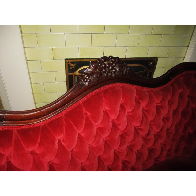 Red Antique Victorian Carved Walnut Red Velvet Tufted Love Seat For Sale - Image 8 of 14