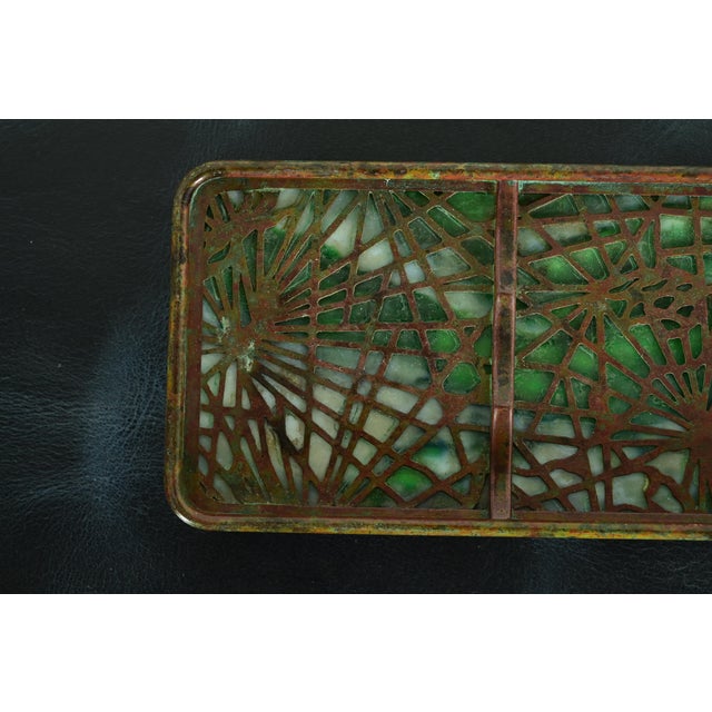 Tiffany Studios New York Pine Needle Bronze and Favrile Slag Glass Pen Tray For Sale In South Bend - Image 6 of 12