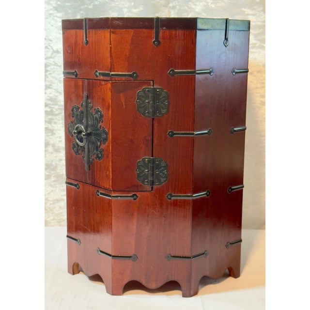 Vintage Korean Octagonal Wooden Cabinet With Merlot Finish, Black Hardware & Lock For Sale - Image 16 of 18