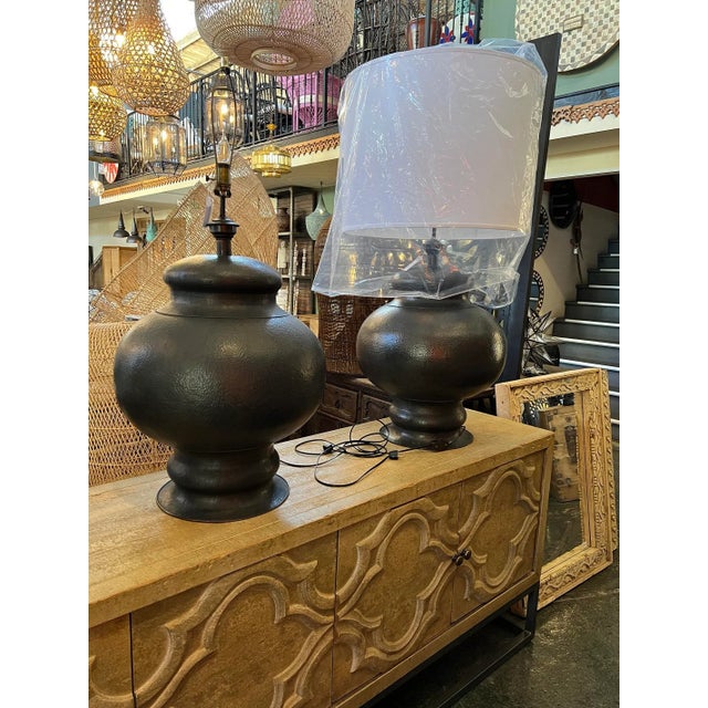 Large Vintage Hammered Bronze Table Lamp For Sale In Los Angeles - Image 6 of 7