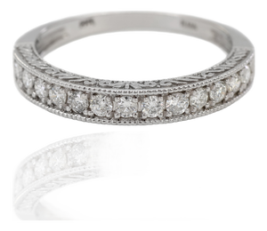 14k 585 Solid White Gold Engraved Milgrain Natural Diamond Band Ring, Size 7.75