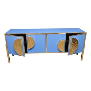 Cornflower Blue Italian Sideboard in Murano Glass and Brass from Justfurnituress SRL For Sale