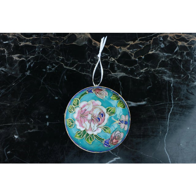 Chinese Cloisonné Rose Christmas Ornament in Turquoise & Cobalt Blue For Sale - Image 3 of 9