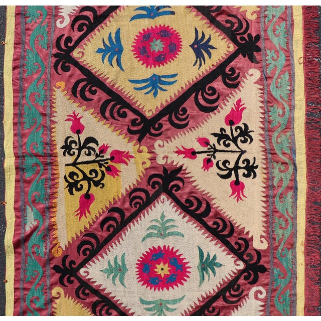 Traditional Antique Uzbekistan Suzani Textile With Colorful Geometric Medallion Design For Sale - Image 3 of 15